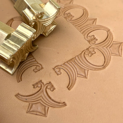 Art Deco Geometric leather stamp LT053 — brass stamping tool with imprint on natural veg-tan leather