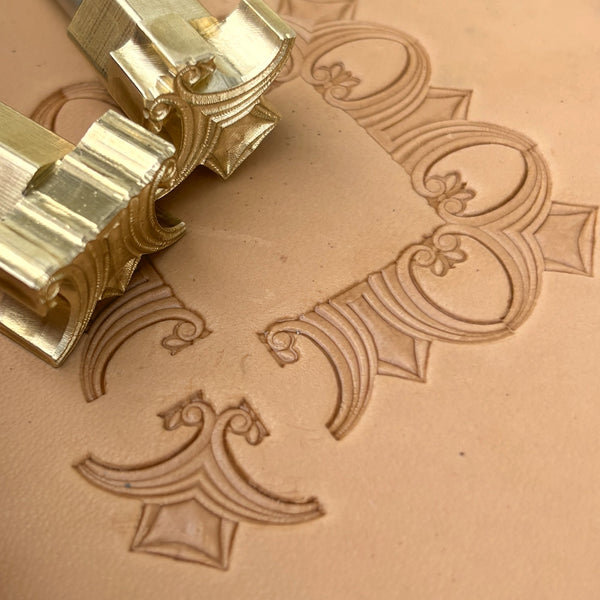 Art Deco Geometric leather stamp LT053 — brass stamping tool with imprint on natural veg-tan leather