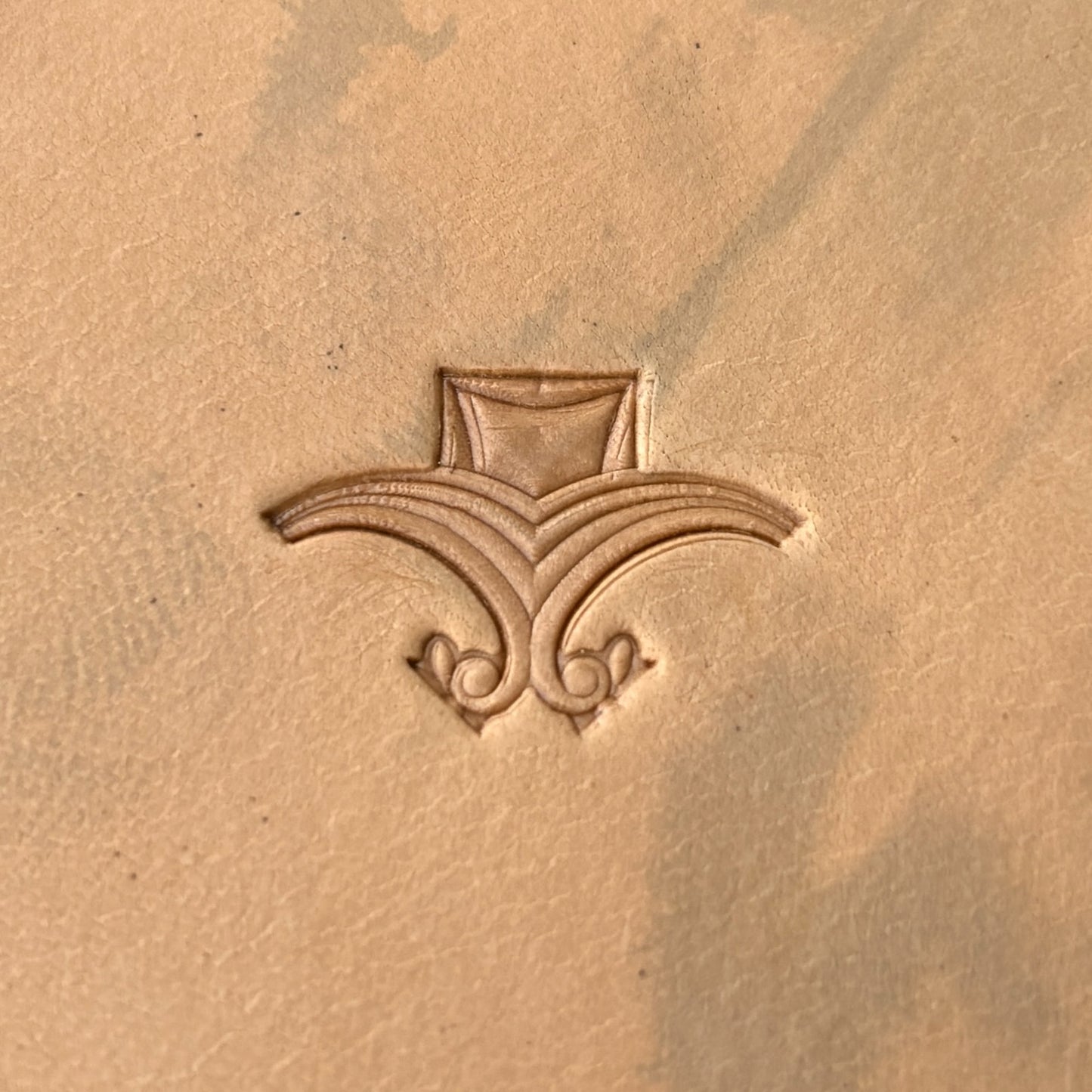 Art Deco Geometric leather stamp LT053 — single impression on veg-tan leather