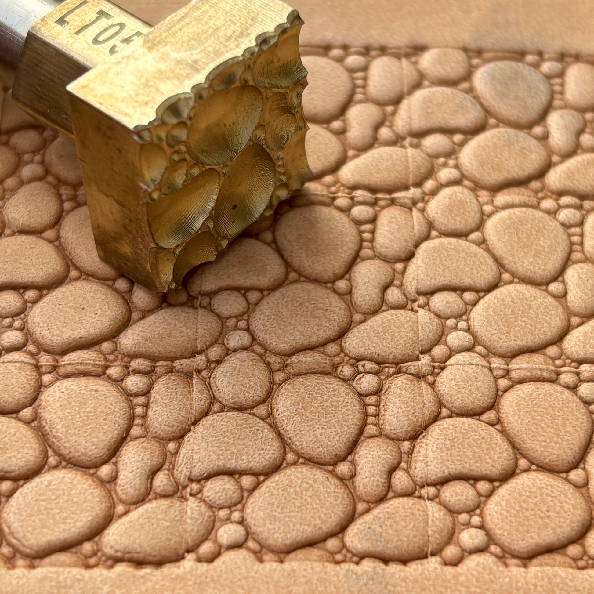 Bubble Texture leather stamp LT054 — brass stamping tool with imprint on natural veg-tan leather
