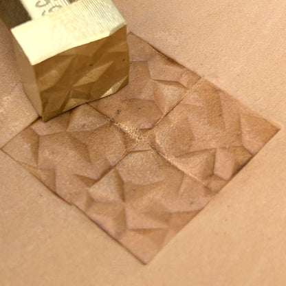 Faceted Squares Geometric leather stamp LT059 — brass stamping tool with imprint on natural veg-tan leather