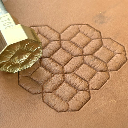 Octagon Cluster Geometric leather stamp LT061 — brass stamping tool with imprint on natural veg-tan leather