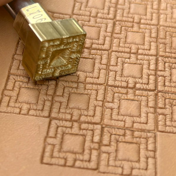 Square Tiles Geometric leather stamp LT063 — brass stamping tool with imprint on natural veg-tan leather