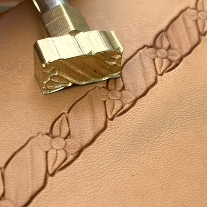 Floral Border leather stamp LT065 — brass stamping tool with imprint on natural veg-tan leather