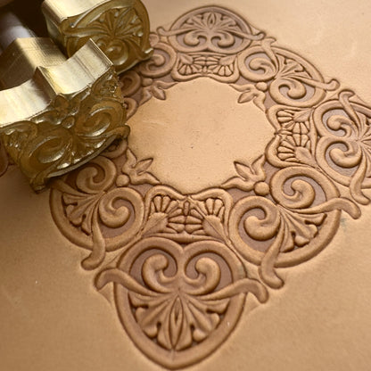 Scrollwork Border leather stamp LT071 — brass stamping tool with imprint on natural veg-tan leather