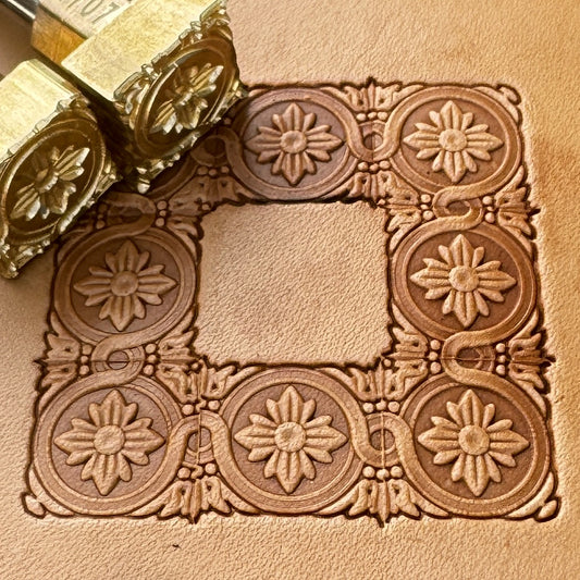 Flower leather stamp LT076 — brass stamping tool with imprint on natural veg-tan leather