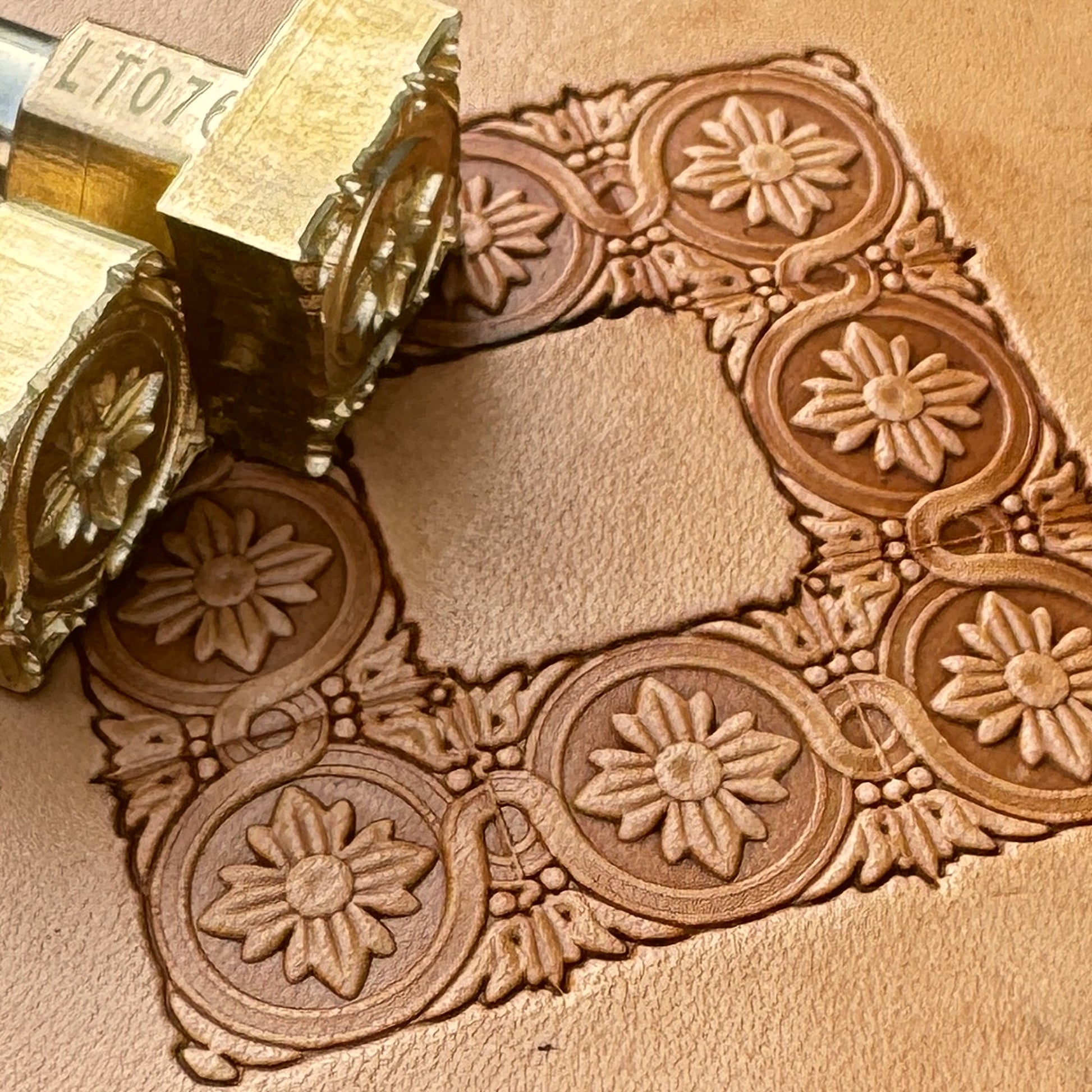 Flower leather stamp LT076 — pattern imprint on veg-tan leather