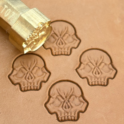 Skull leather stamp LT079 — brass stamping tool with imprint on natural veg-tan leather