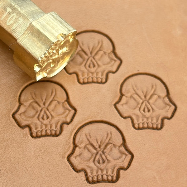 Skull leather stamp LT079 — brass stamping tool with imprint on natural veg-tan leather