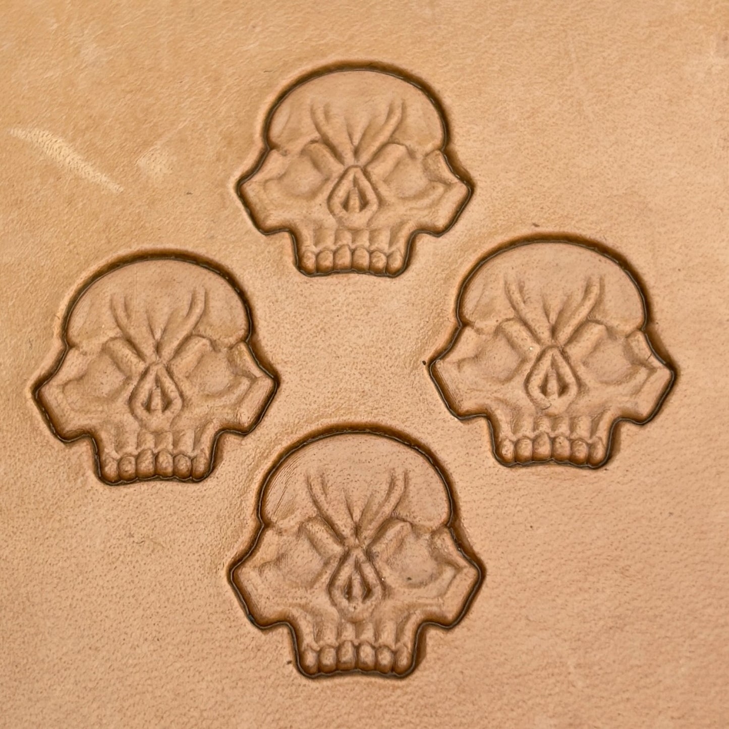 Skull leather stamp LT079 — pattern imprint on veg-tan leather