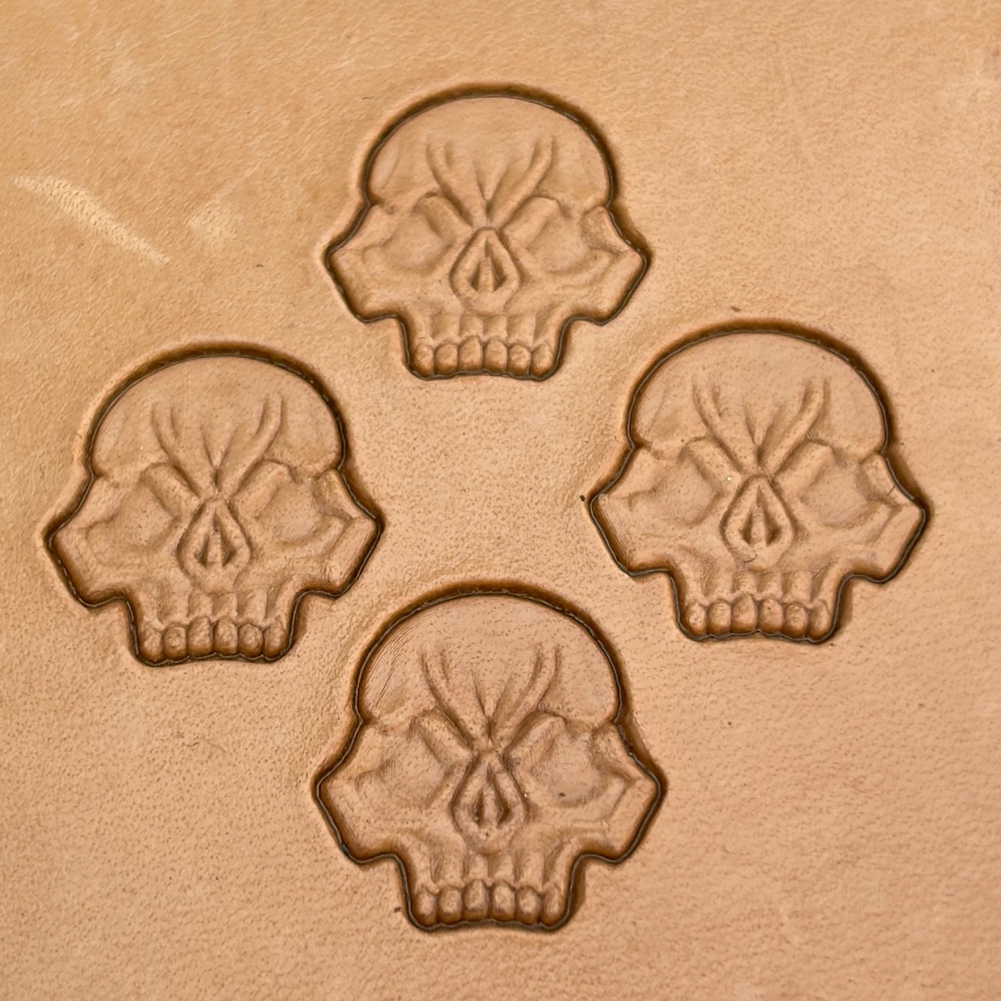 Skull leather stamp LT079 — pattern imprint on veg-tan leather