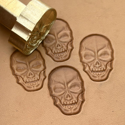 Grim Face Skull leather stamp LT080 — brass stamping tool with imprint on natural veg-tan leather
