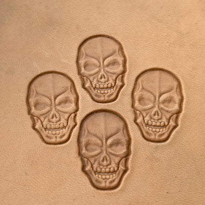 Grim Face Skull leather stamp LT080 — single impression on veg-tan leather