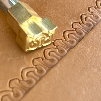 Ornate Border leather stamp LT082 — brass stamping tool with imprint on natural veg-tan leather