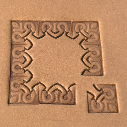 Ornate Shape leather stamp LT082 — corner stamp impression on veg-tan leather