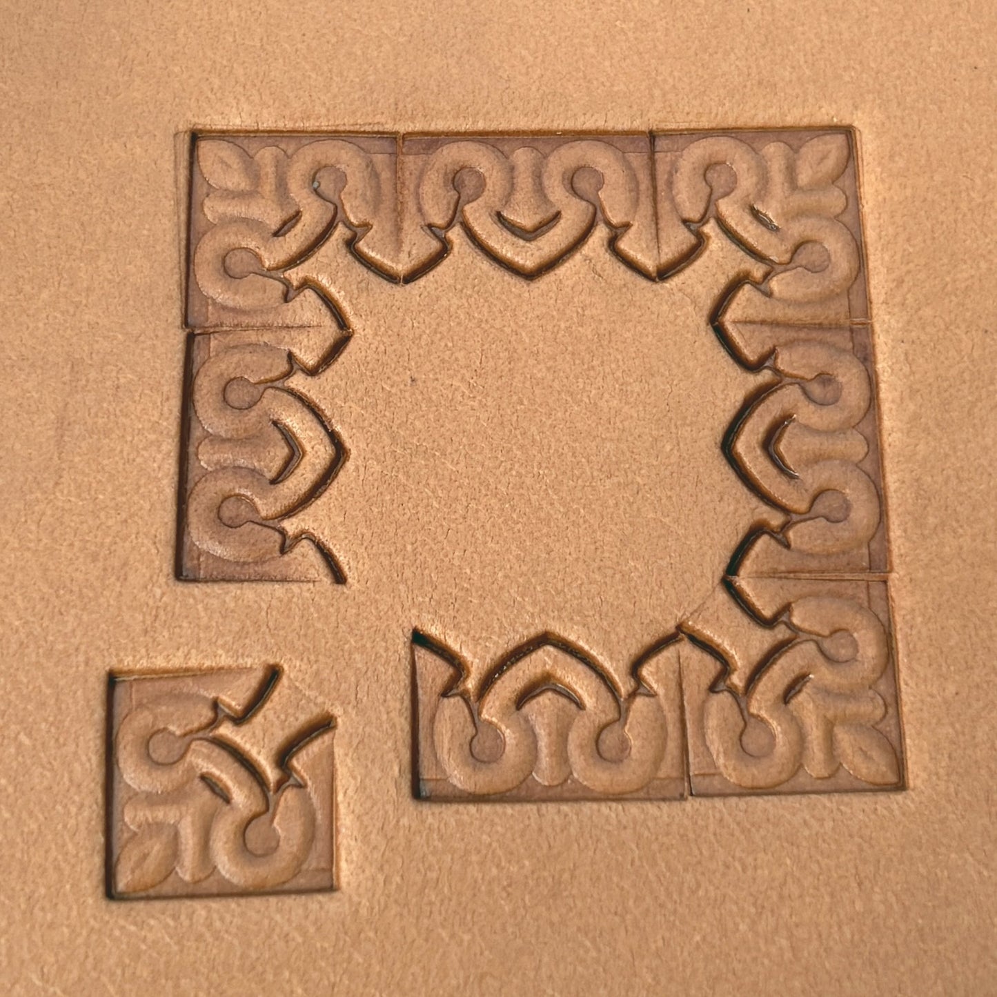 Ornate Shape leather stamp LT082 — corner stamp impression on veg-tan leather