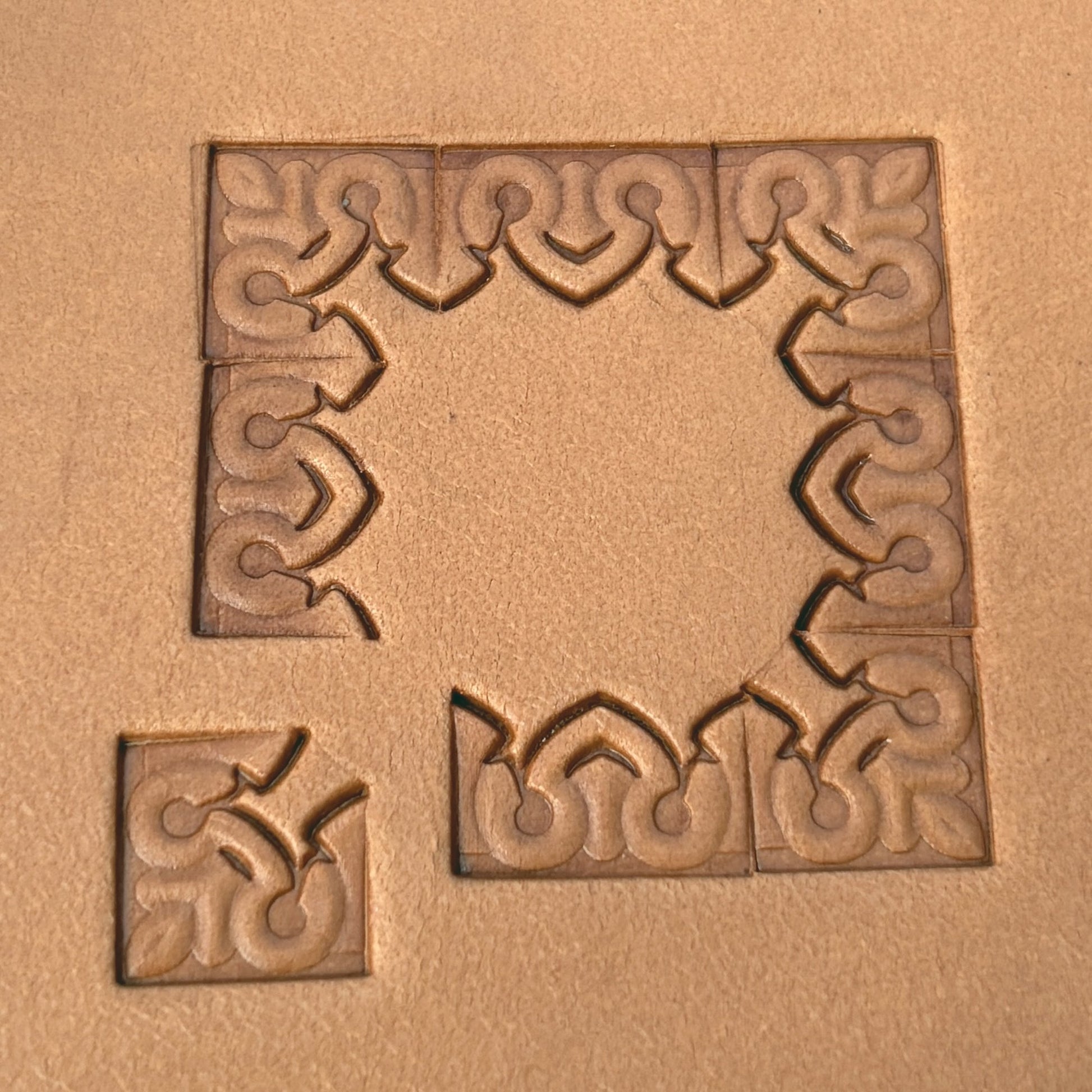 Ornate Shape leather stamp LT082 — corner stamp impression on veg-tan leather