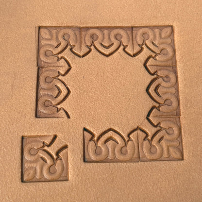 Ornate Shape leather stamp LT082 — corner stamp impression on veg-tan leather