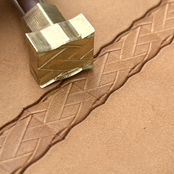 Braided Band leather stamp LT083 — brass stamping tool with imprint on natural veg-tan leather