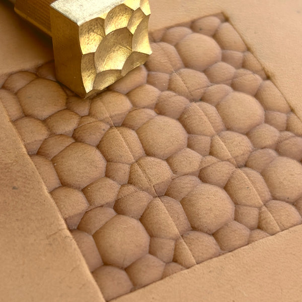 Bubble Style leather stamp LT084 — brass stamping tool with imprint on natural veg-tan leather