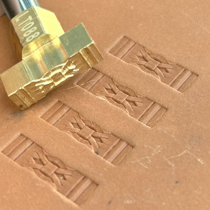 Geometric leather stamp LT088 — brass stamping tool with imprint on natural veg-tan leather