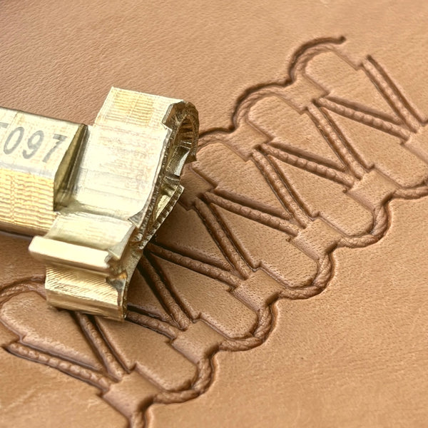 Double Loop Stitches leather stamp LT097 — brass stamping tool with imprint on natural veg-tan leather