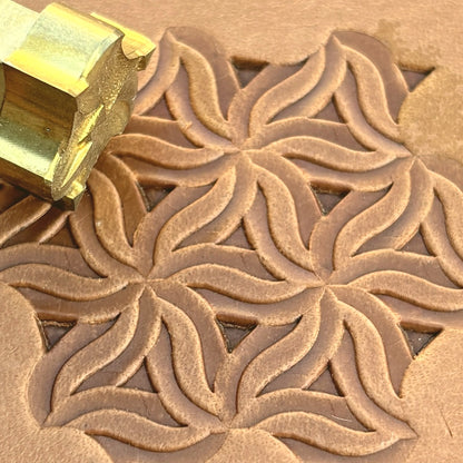 Interlocking Mosaic Geometric leather stamp LT103 — brass stamping tool with imprint on natural veg-tan leather