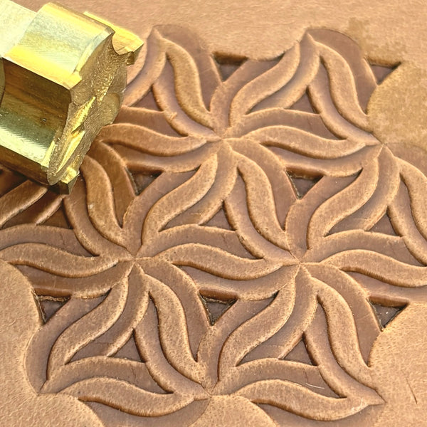 Interlocking Mosaic Geometric leather stamp LT103 — brass stamping tool with imprint on natural veg-tan leather