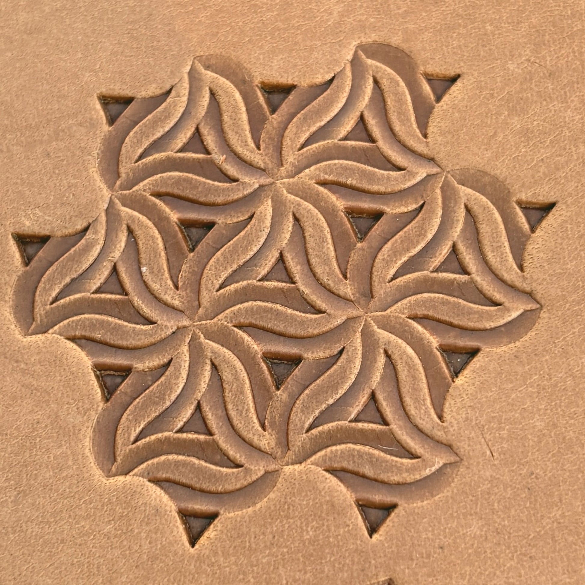 Interlocking Mosaic Geometric leather stamp LT103 — pattern imprint on veg-tan leather