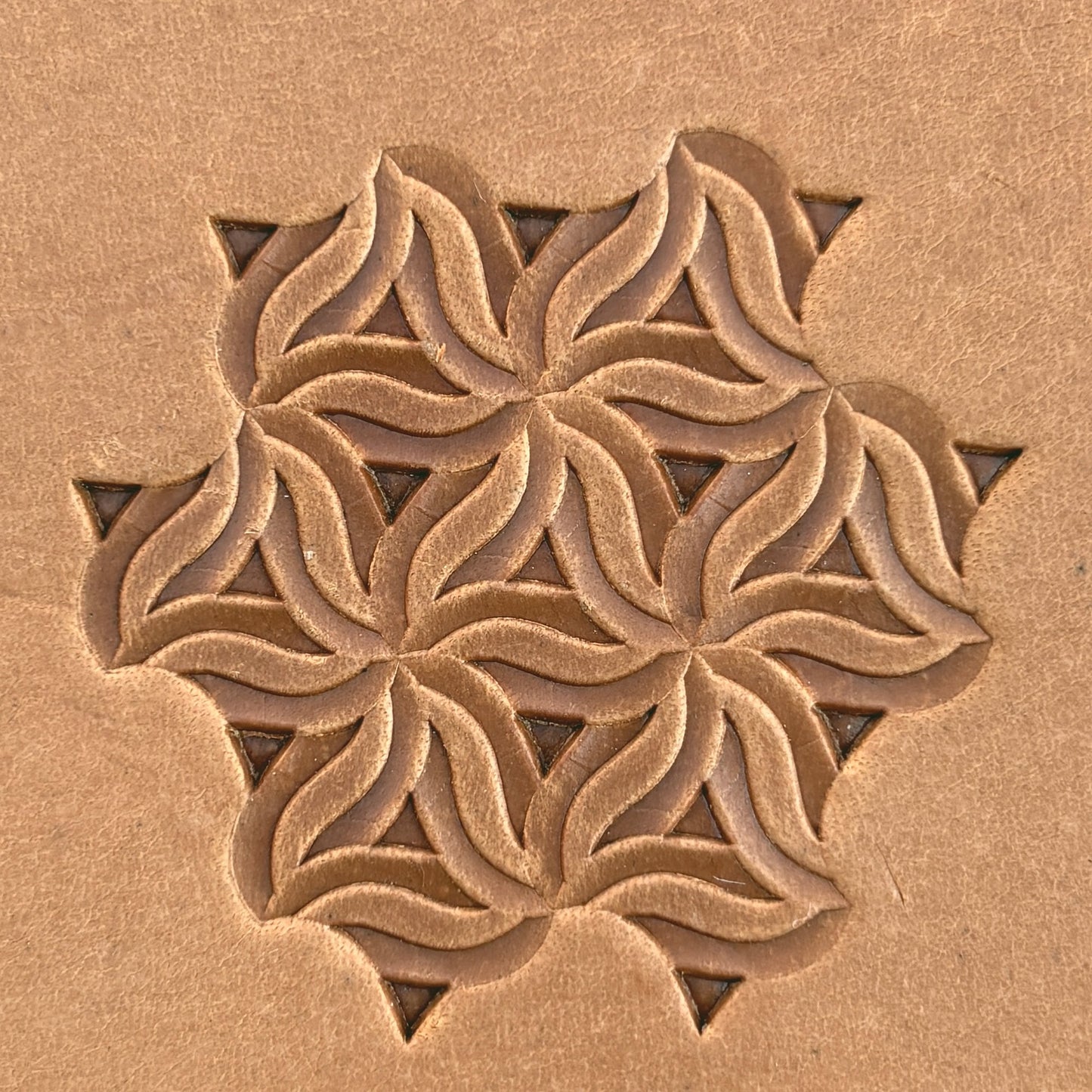 Interlocking Mosaic Geometric leather stamp LT103 — pattern imprint on veg-tan leather