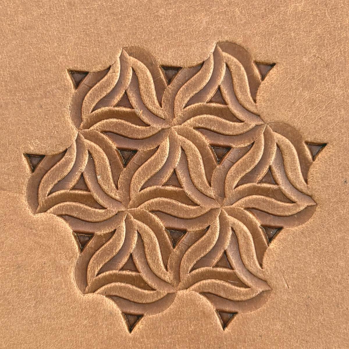 Interlocking Mosaic Geometric leather stamp LT103 — pattern imprint on veg-tan leather