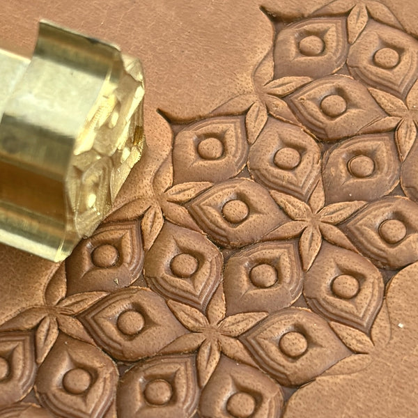 Diamond Cluster Geometric leather stamp LT104 — brass stamping tool with imprint on natural veg-tan leather