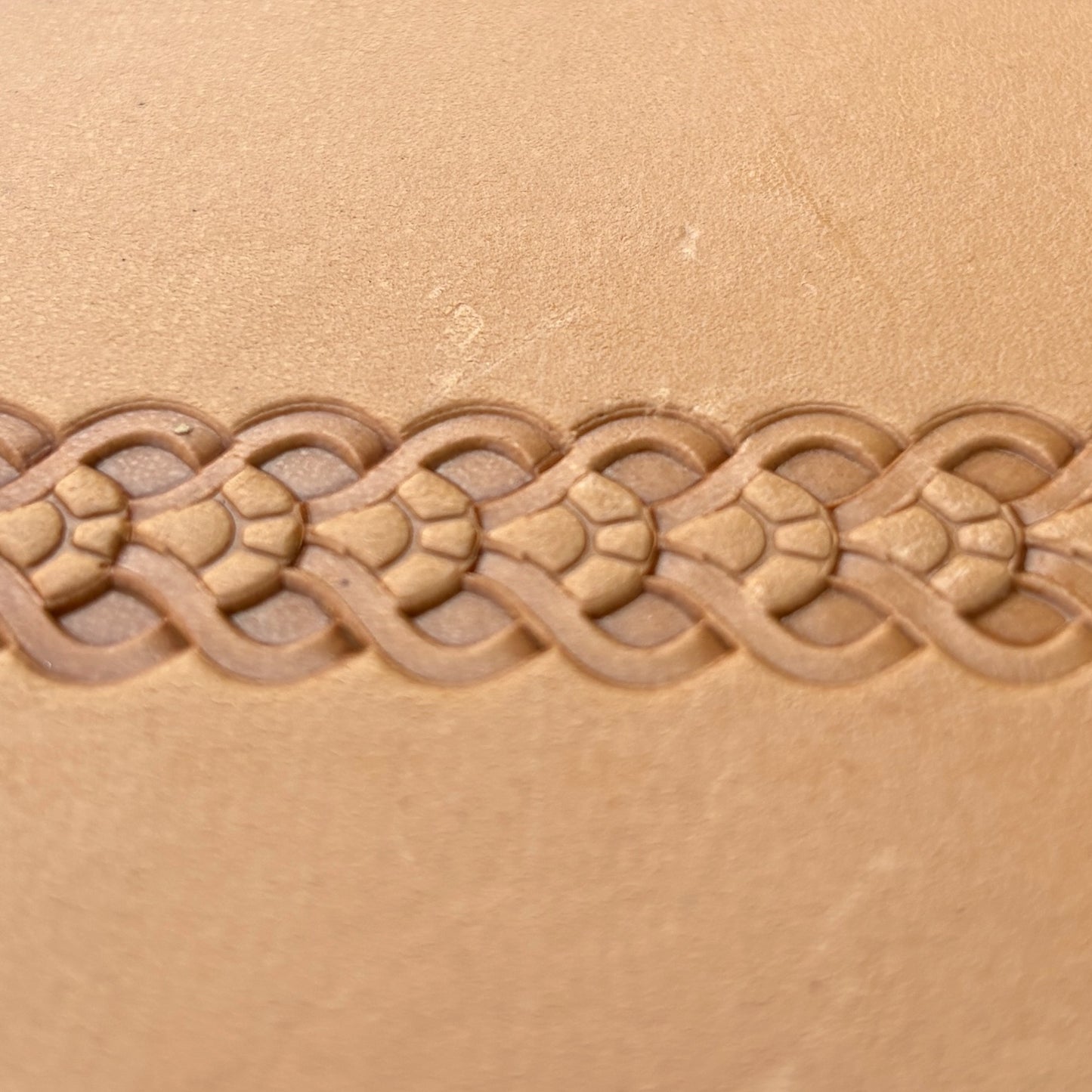Celtic Knot leather stamp LT106 — single impression on veg-tan leather