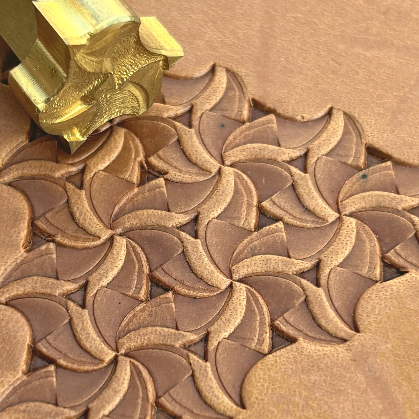 Abstract Motif Geometric leather stamp LT107 — brass stamping tool with imprint on natural veg-tan leather