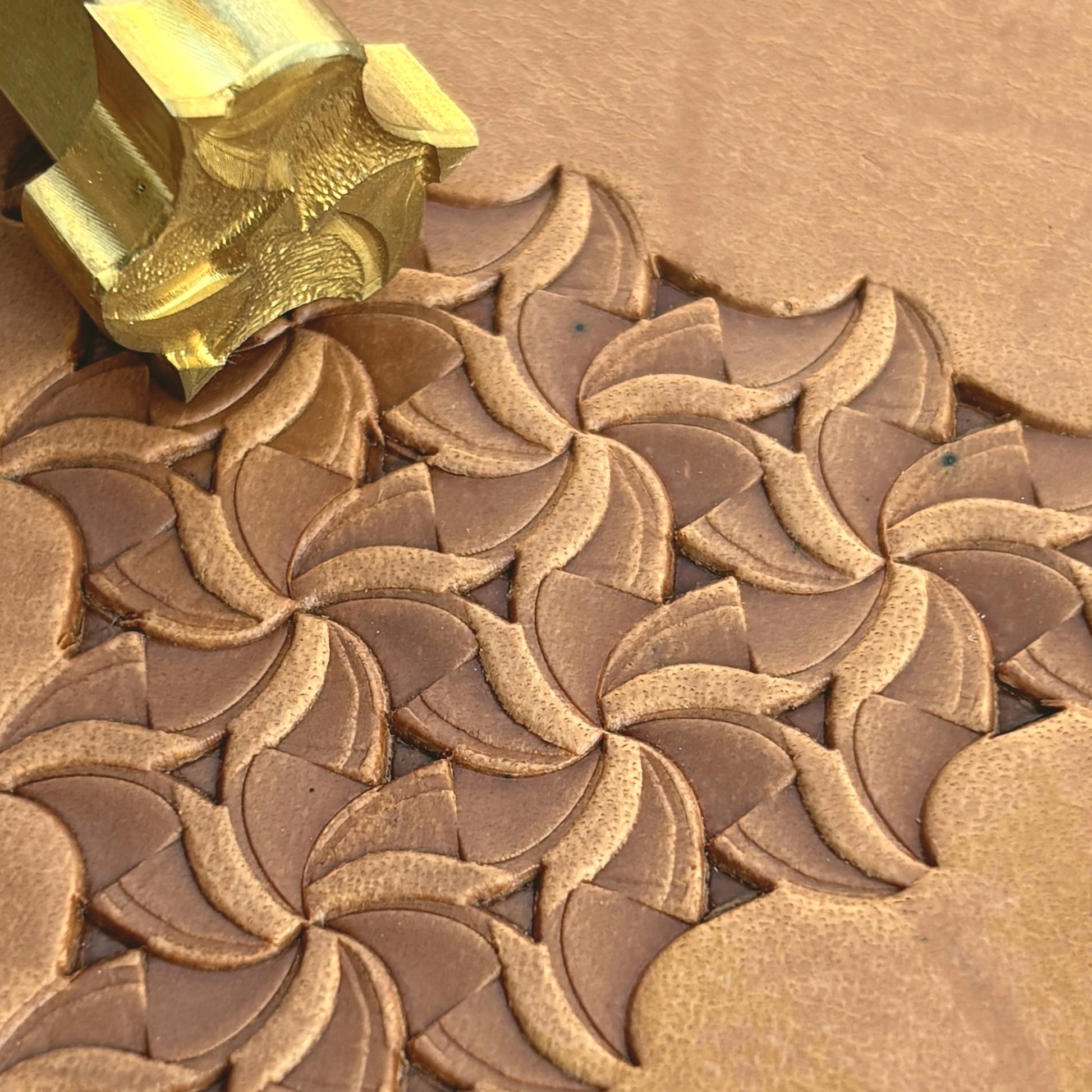 Abstract Motif Geometric leather stamp LT107 — brass stamping tool with imprint on natural veg-tan leather