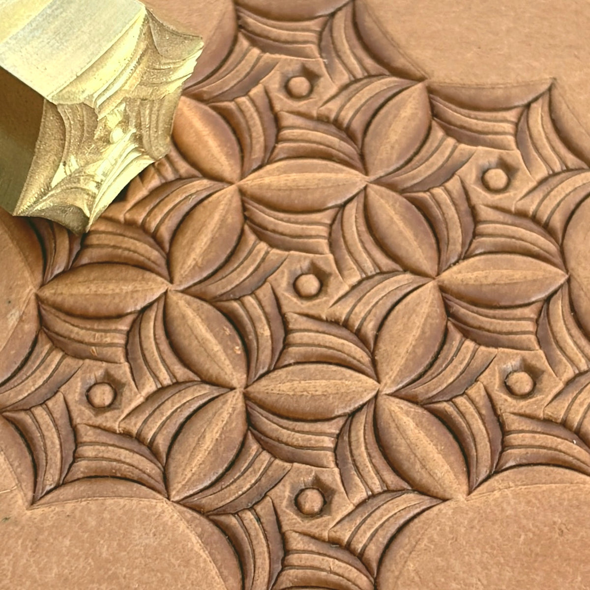 Web Geometric leather stamp LT110 — brass stamping tool with imprint on natural veg-tan leather