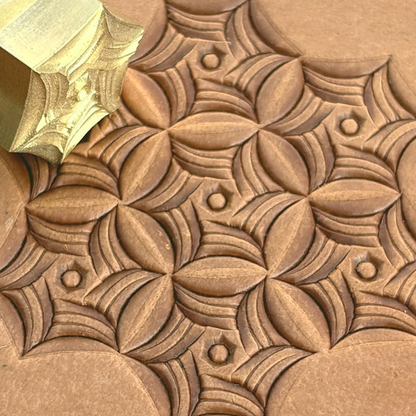 Web Geometric leather stamp LT110 — brass stamping tool with imprint on natural veg-tan leather