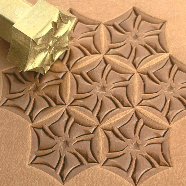 Star Tile Geometric leather stamp LT112 — brass stamping tool with imprint on natural veg-tan leather