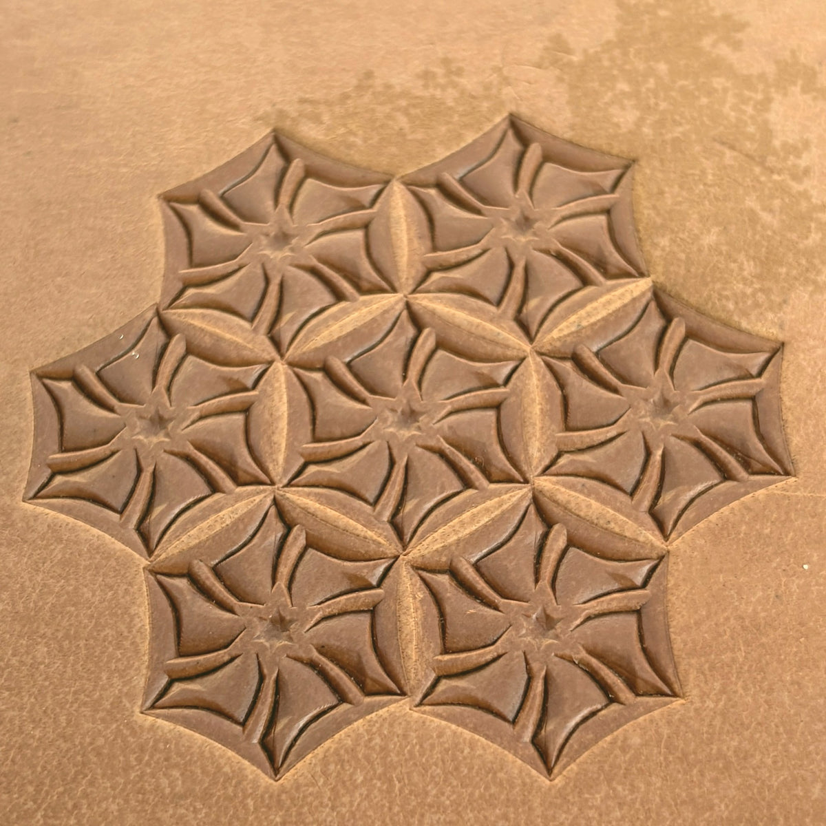 Star Tile Geometric leather stamp LT112 — pattern imprint on veg-tan leather