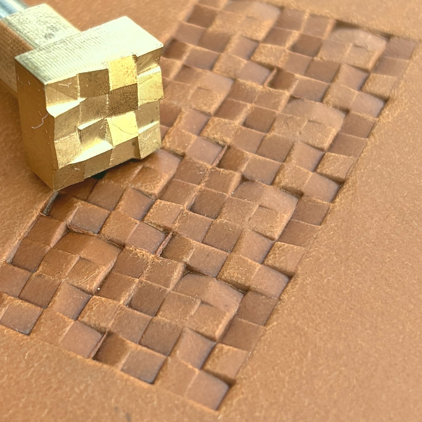 Basket Weave leather stamp LT113 — brass stamping tool with imprint on natural veg-tan leather
