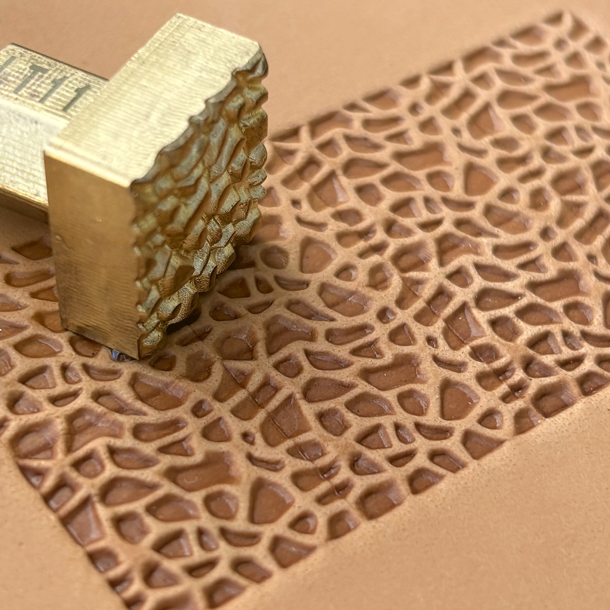 Mosaic Texture leather stamp LT114 — brass stamping tool with imprint on natural veg-tan leather