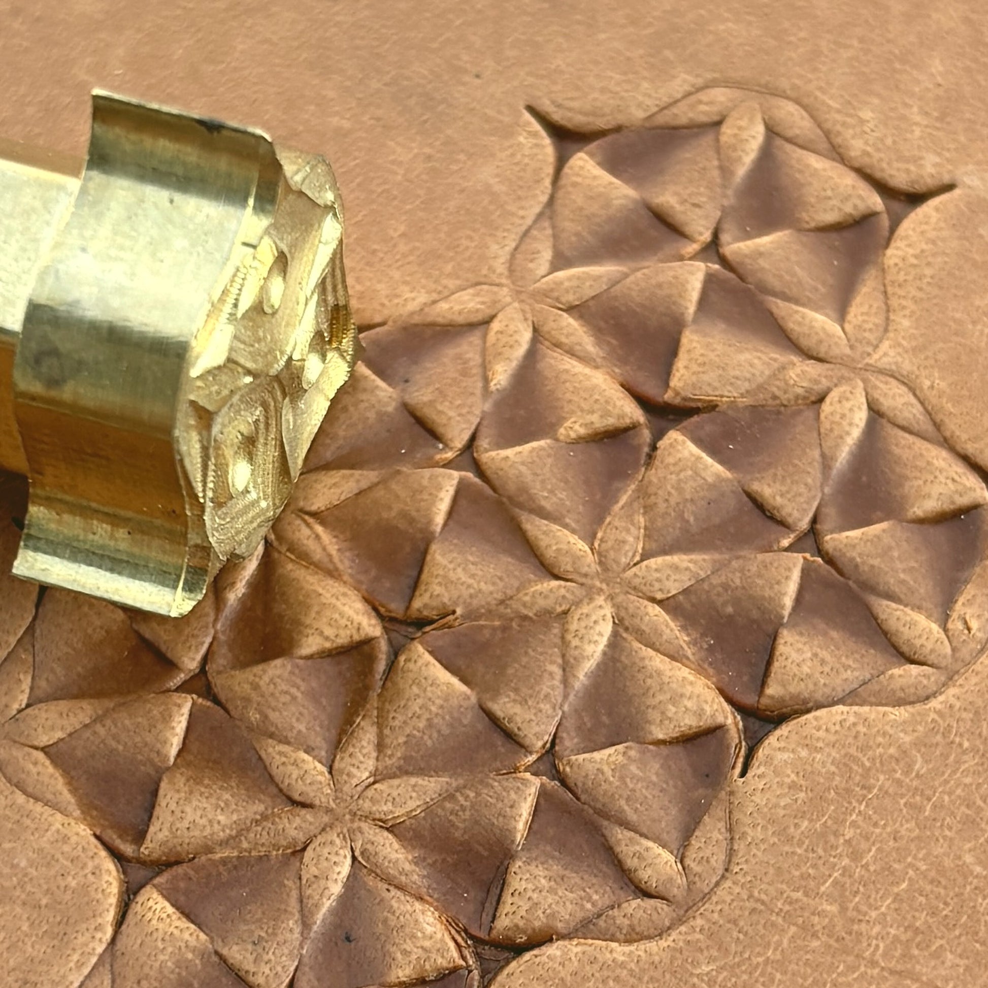 Star Grid Geometric leather stamp LT115 — brass stamping tool with imprint on natural veg-tan leather