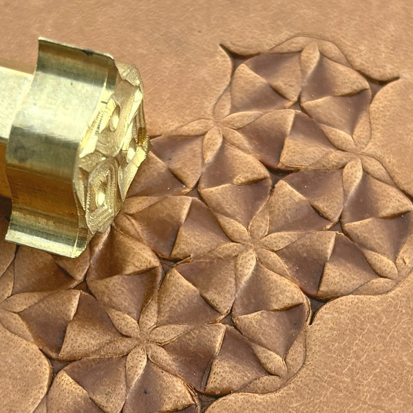 Star Grid Geometric leather stamp LT115 — brass stamping tool with imprint on natural veg-tan leather