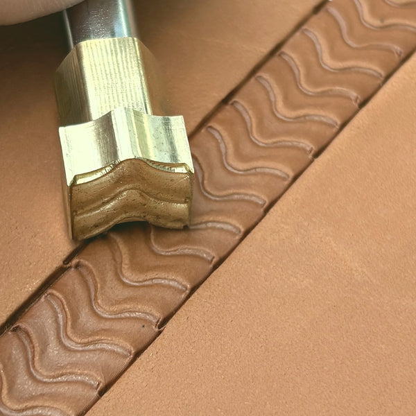 Wavy Line leather stamp LT116 — brass stamping tool with imprint on natural veg-tan leather