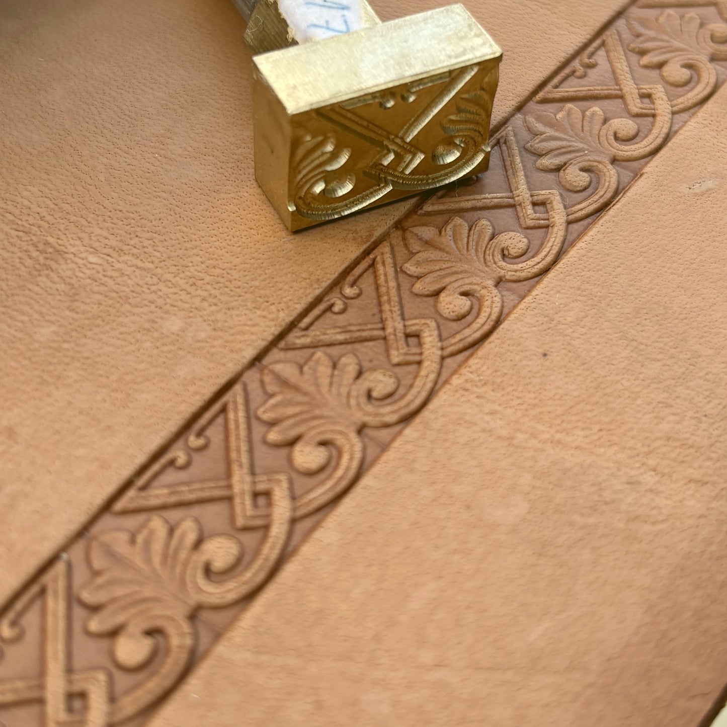 Ornate Shape leather stamp LT117 — brass stamping tool with imprint on natural veg-tan leather