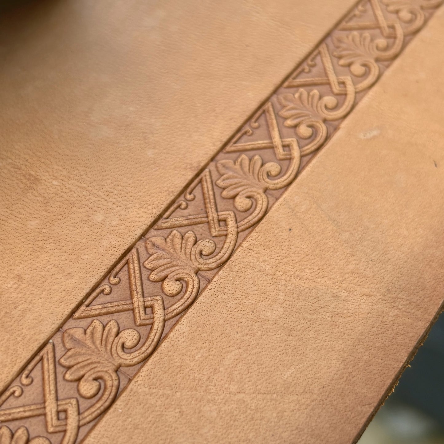 Ornate Shape leather stamp LT117 — pattern imprint on veg-tan leather
