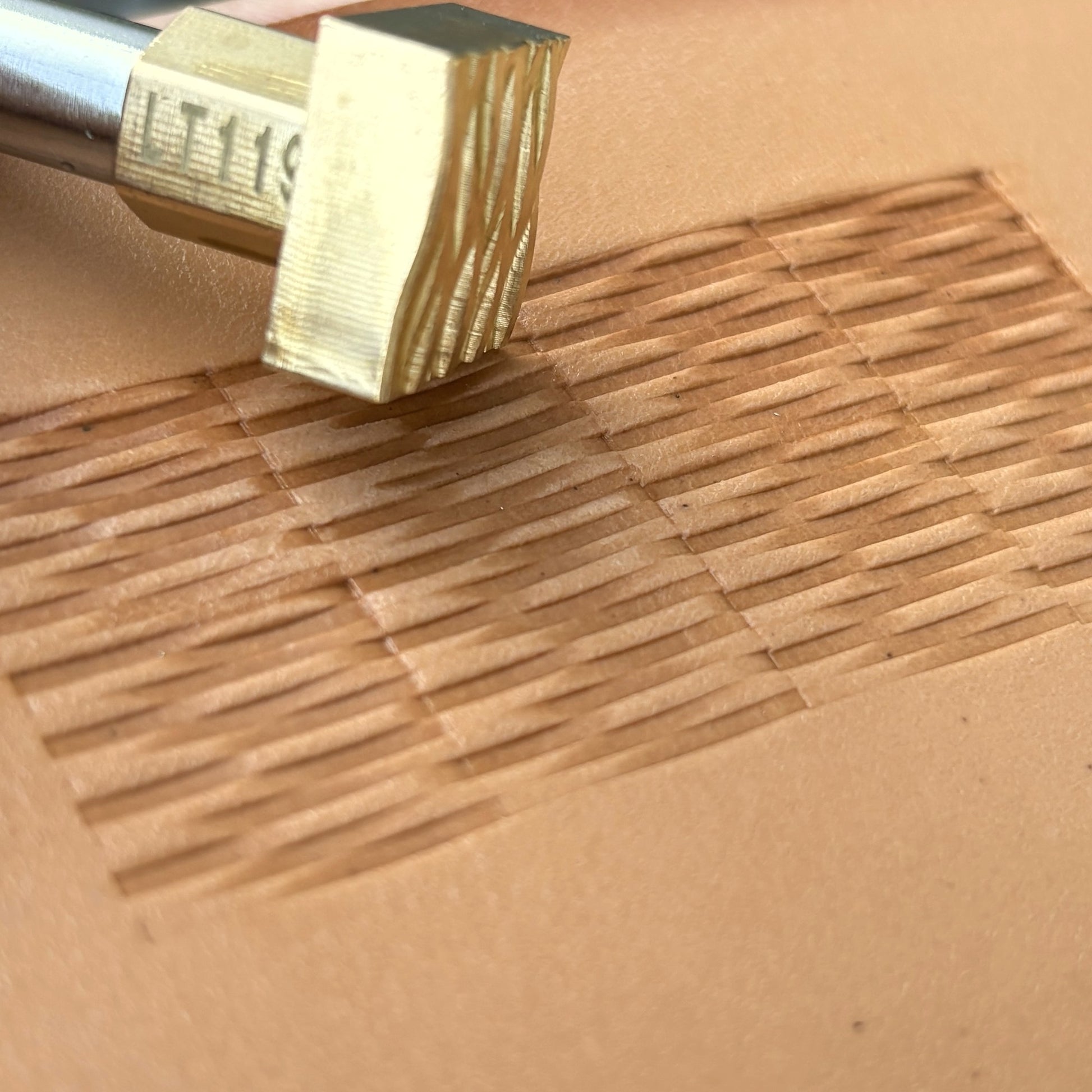 Modern Lines Basket Weave leather stamp LT119 — brass stamping tool with imprint on natural veg-tan leather