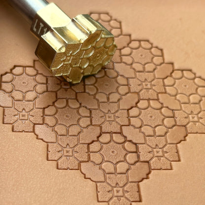 Mosaic Geometric leather stamp LT120 — brass stamping tool with imprint on natural veg-tan leather