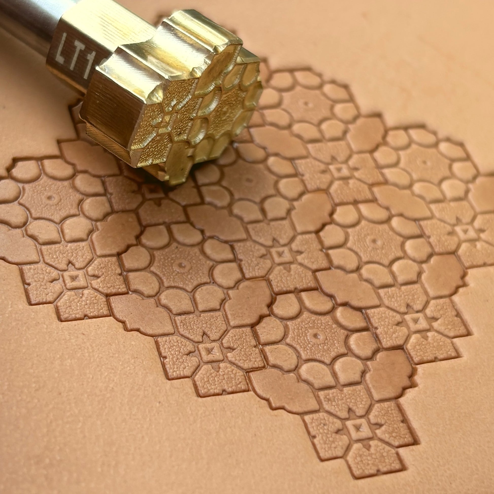 Mosaic Geometric leather stamp LT120 — pattern imprint on veg-tan leather