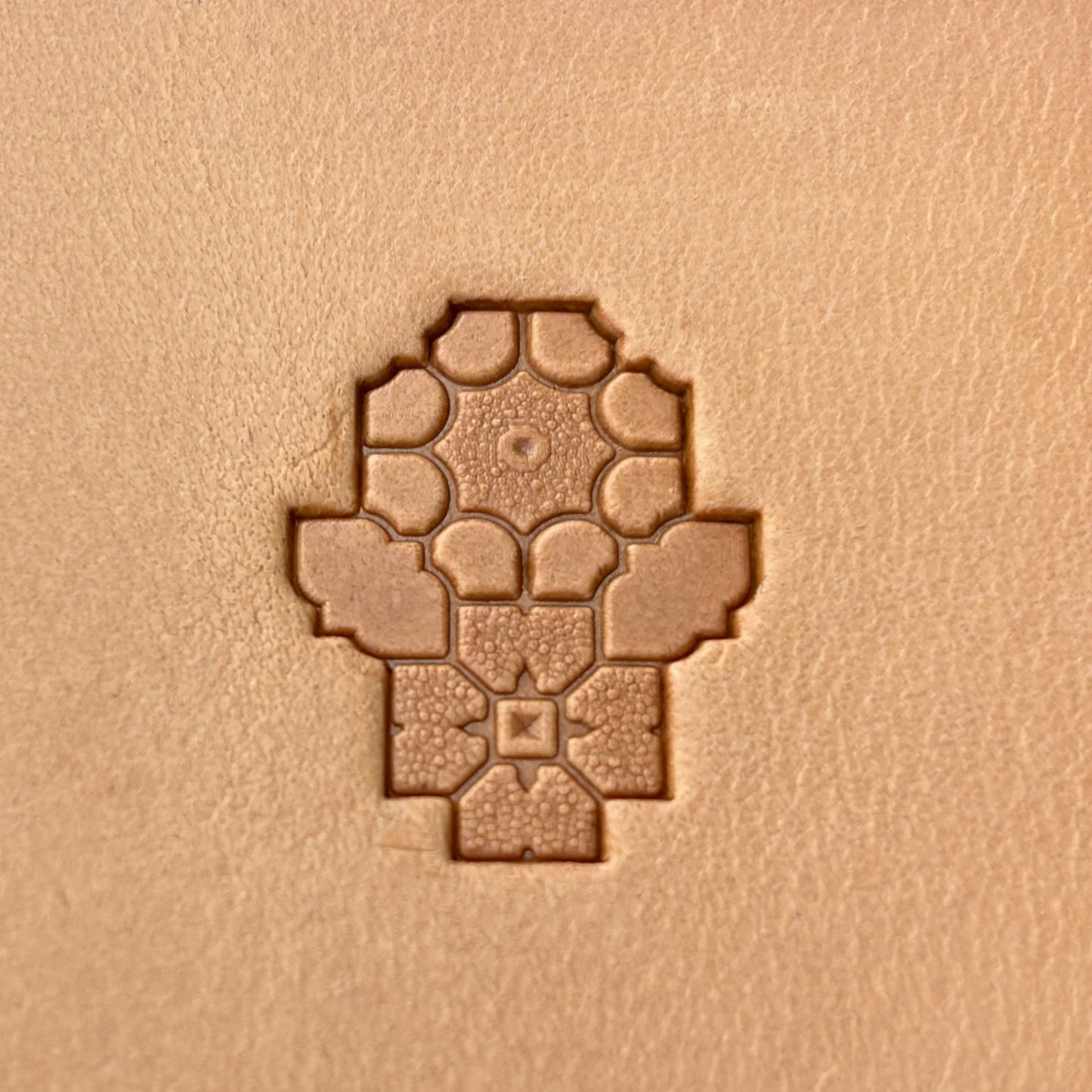 Mosaic Geometric leather stamp LT120 — single impression on veg-tan leather